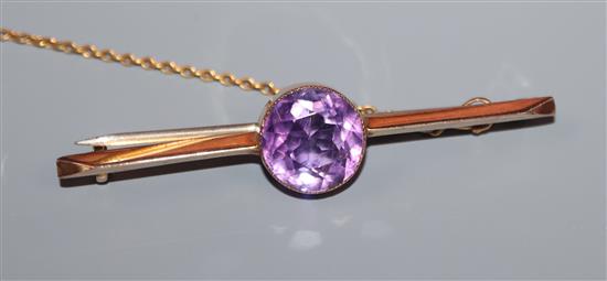 A 9ct and amethyst bar brooch, 51mm.